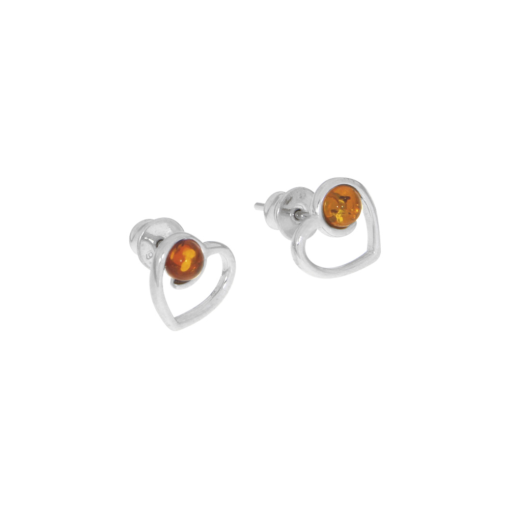 Boucles d'oreilles puces coeur en ambre et argent 925/1000 rhodié