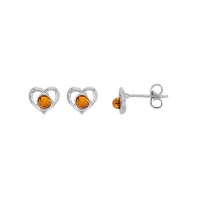 Boucles d'oreilles puces coeur en argent 925/1000 rhodié, encerclant de l'ambre cognac