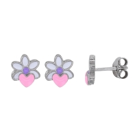 Boucles d'oreilles puces coeur sur fleur émail rose violet, argent 925/1000 rhodié