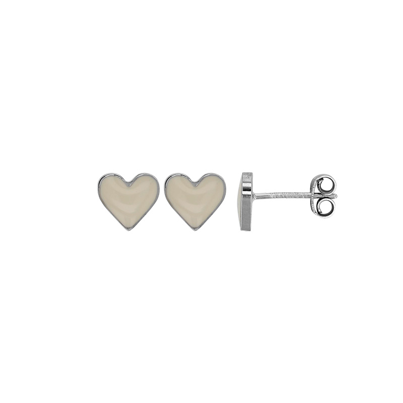 Boucles d'oreilles puces coeurs émail noir, argent 925/1000 platiné