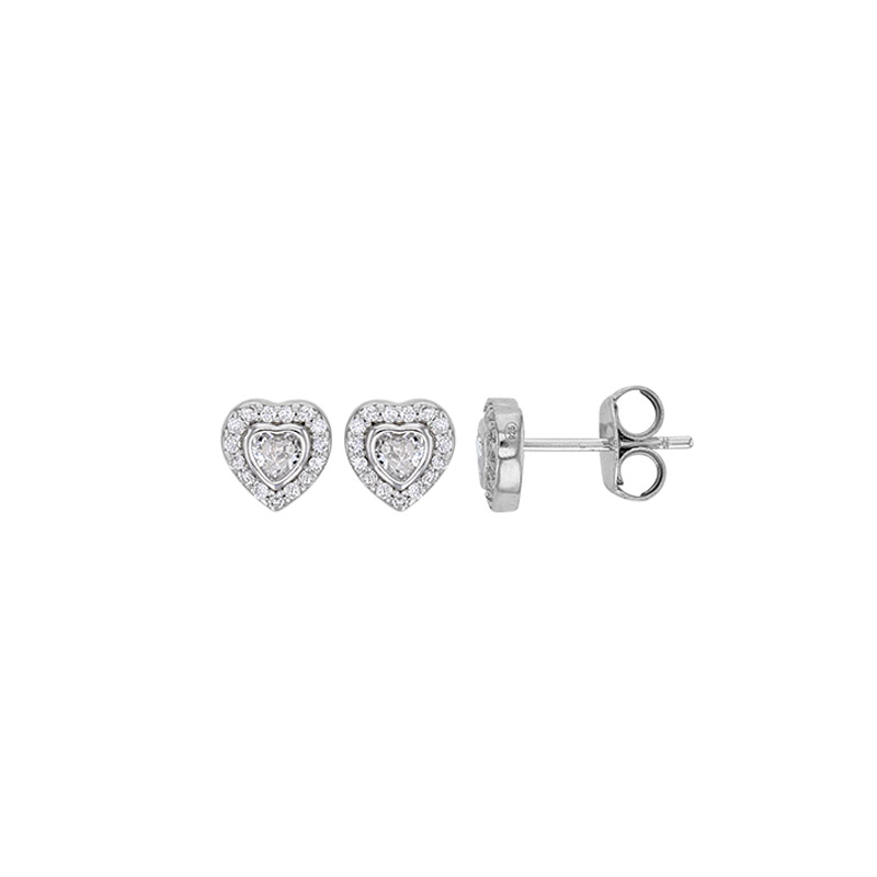 Boucles d'oreilles puces coeurs sertis d'oxydes, argent 925/1000 rhodié