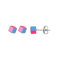 Boucles d'oreilles puces cube émail fuchsia, rose et bleu clair argent 925/1000 rhodié
