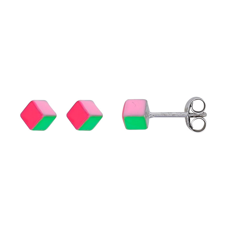 Boucles d'oreilles puces cube émail fuchsia, vert et rose argent 925/1000 rhodié
