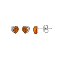Boucles d'oreilles puces en forme de coeur, moitié ambre, moitié argent 925/1000 rhodié