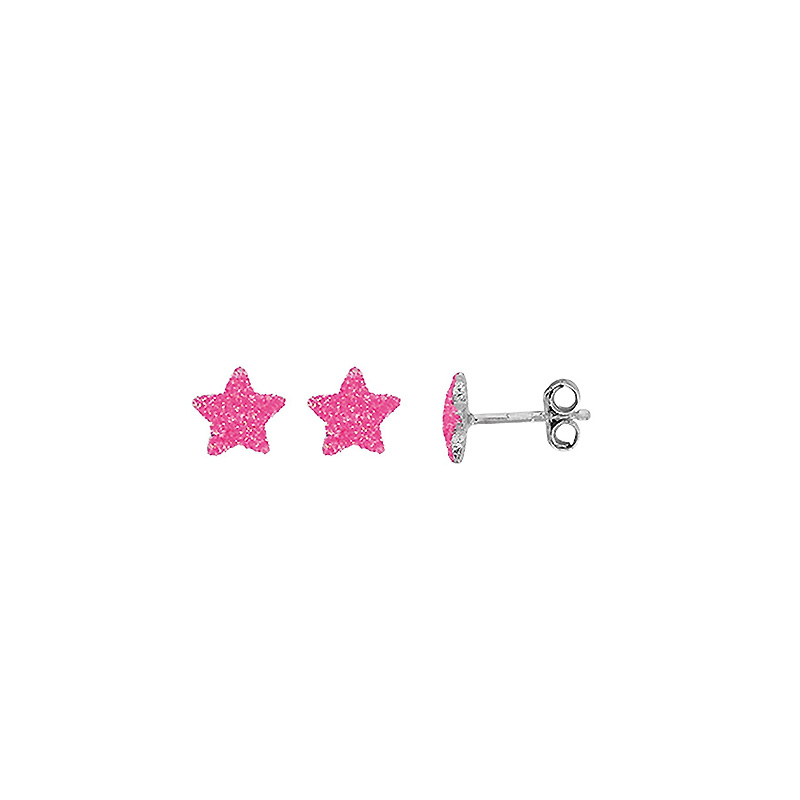 Boucles d'oreilles puces étoile, émail fuchsia pailletée en argent 925/1000 rhodié