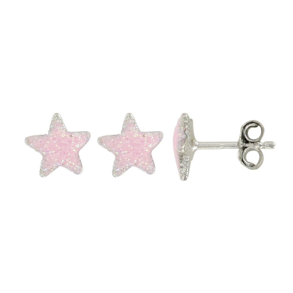 Boucles d'oreilles puces étoile, émail rose clair pailletée en argent 925/1000 rhodié