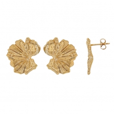 Boucles d'oreilles puces feuille de ginkgo strié, plaqué or