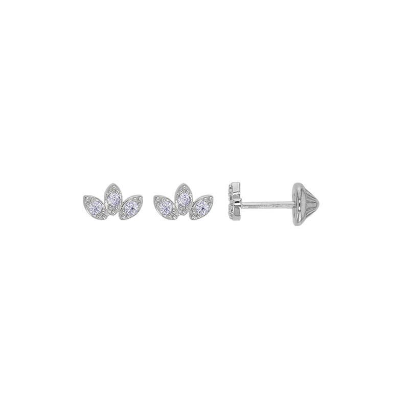 Boucles d'oreilles puces 3 feuilles serties d'oxydes, poussettes à vis, argent 925/1000 rhodié