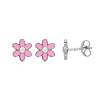 Boucles d'oreilles puces fleur émail rose et verre argent 925/1000 rhodié