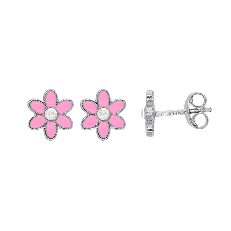 Boucles d'oreilles puces fleur émail rose et verre argent 925/1000 rhodié