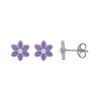 Boucles d'oreilles puces fleur émail violet et verre argent 925/1000 rhodié