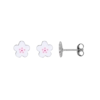Boucles d'oreilles puces fleurs, émail blanche, argent 925/1000 rhodié