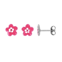 Boucles d'oreilles puces fleurs, émail fuchsia, argent 925/1000 rhodié