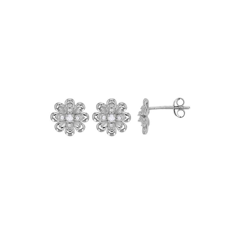 Boucles d'oreilles puces fleurs ornées d'oxydes argent 925/1000 platiné