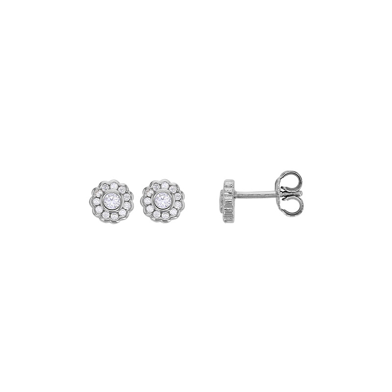 Boucles d'oreilles puces fleurs serties d'oxydes, argent 925/1000 rhodié