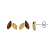 Boucles d'oreilles puces forme amande, ambre cognac et miel, argent 925/1000 rhodié