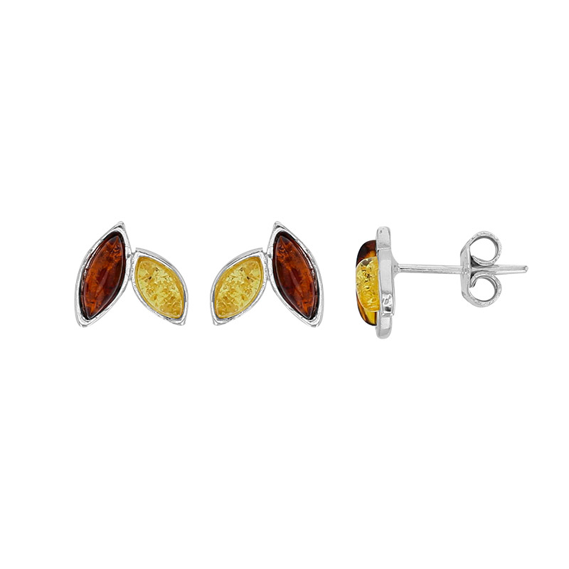 Boucles d'oreilles puces forme amande, ambre cognac et miel, argent 925/1000 rhodié