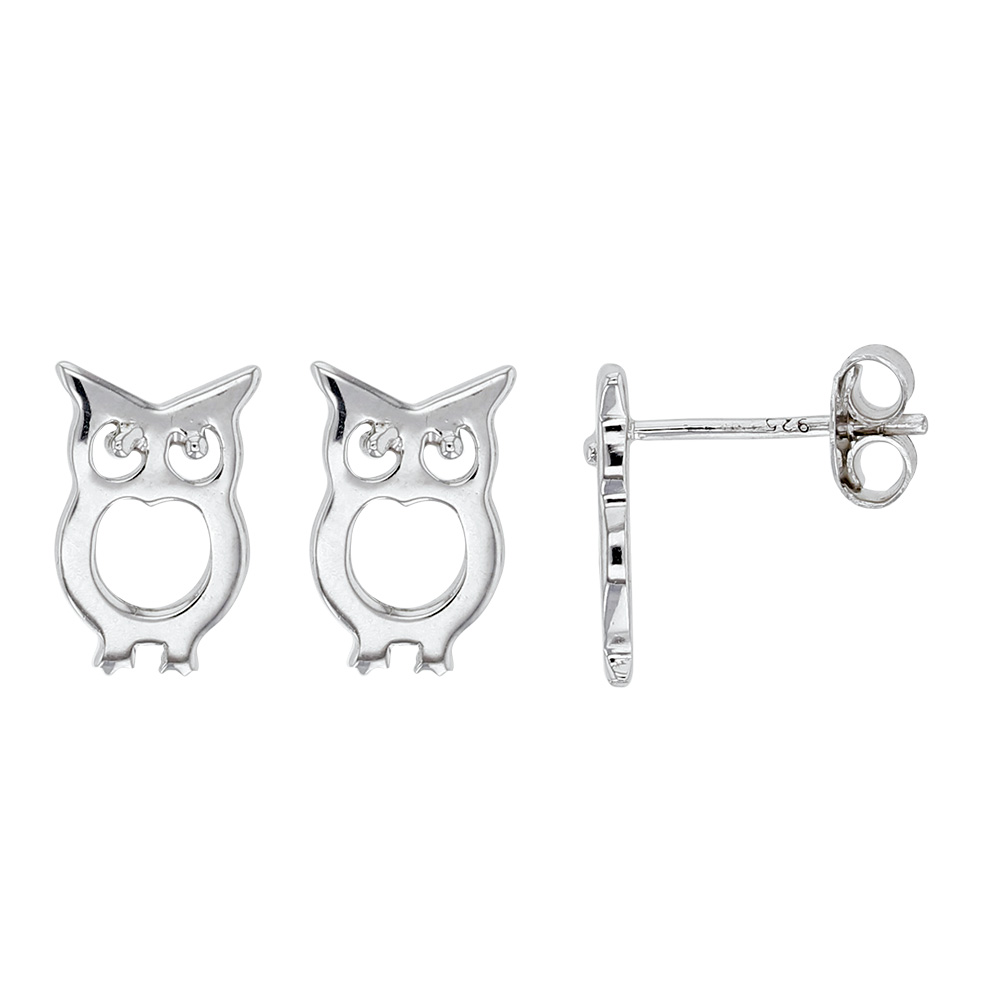 Boucles d'oreilles puces forme chouette en argent rhodié 925/1000