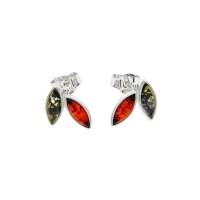 Boucles d'oreilles puces forme feuilles en ambre vert et cerise, argent 925/1000