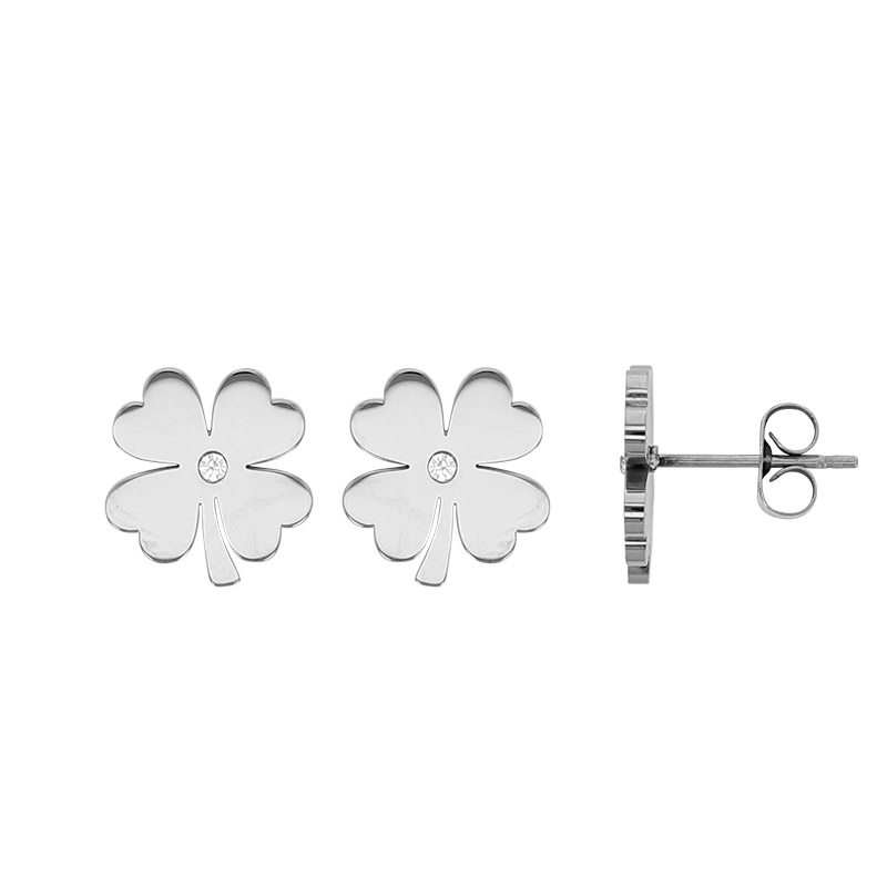 Boucles d'oreilles puces forme trèfle orné d'un oxyde en acier