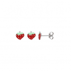 Boucles d'oreilles puces fraise émaillée, Argent 925/1000 rhodié