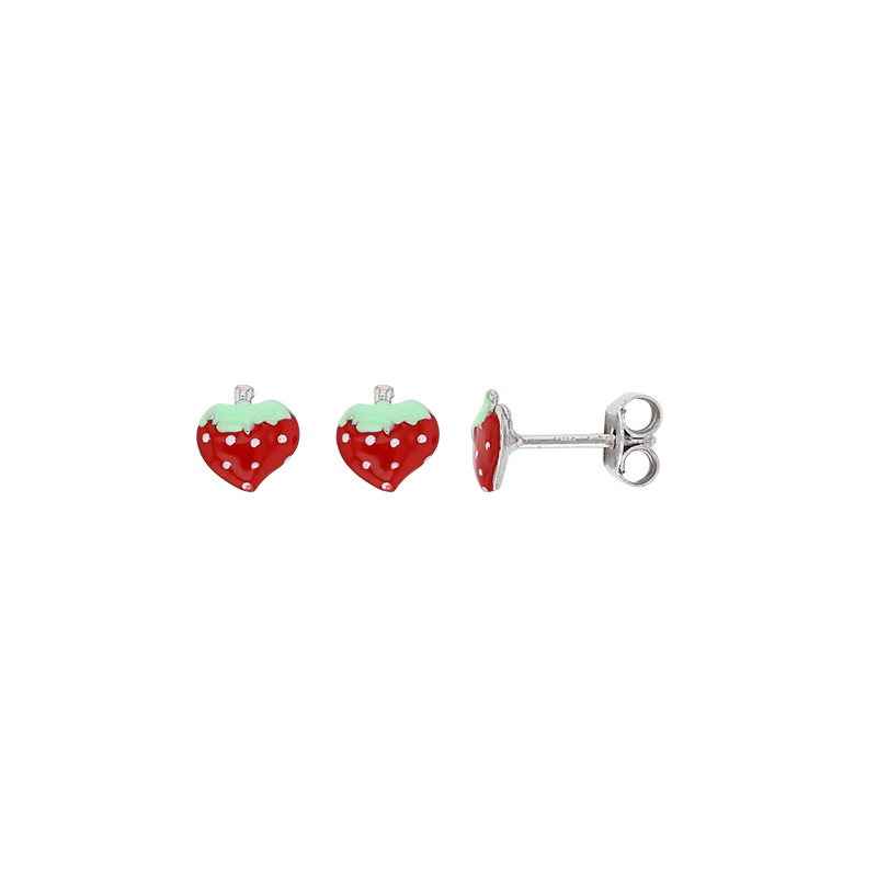 Boucles d'oreilles puces fraise émaillée, Argent 925/1000 rhodié