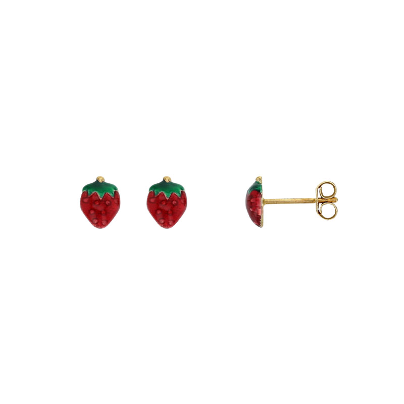 Boucles d'oreilles puces fraises, émail rouge et vert Or 750/1000