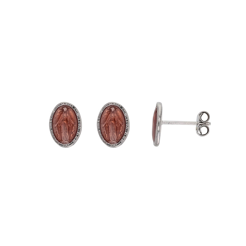Boucles d'oreilles puces GYPSY MARIA en argent 925/1000 rhodié - Madone rose avec émail