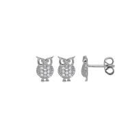 Boucles d'oreilles puces hibou orné d'oxydes, argent 925/1000 rhodié