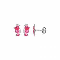 Boucles d'oreilles puces hippocampe émail fuchsia et argent 925/1000 rhodié