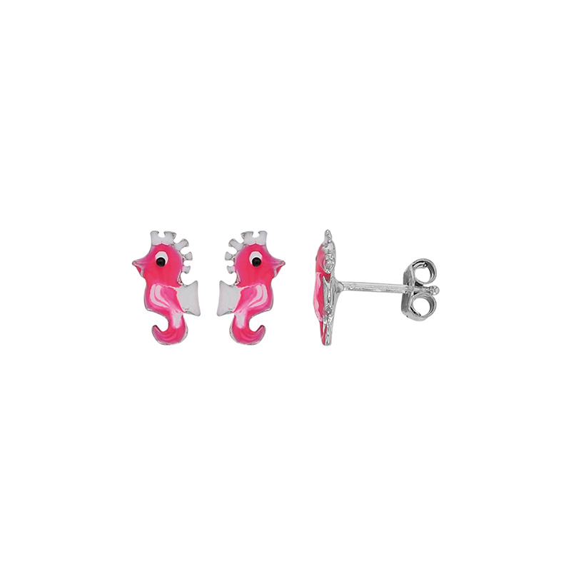 Boucles d'oreilles puces hippocampe émail fuchsia et argent 925/1000 rhodié