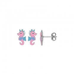Boucles d'oreilles puces hippocampe émail rose et bleu et argent 925/1000 rhodié