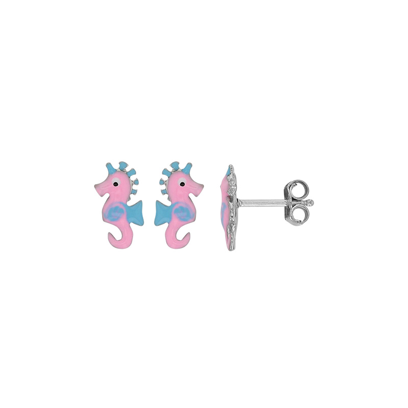 Boucles d'oreilles puces hippocampe émail rose et bleu et argent 925/1000 rhodié