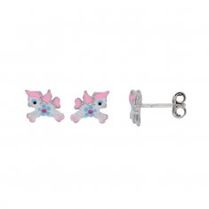 Boucles d'oreilles puces licorne émail blanc et rose, argent 925/1000 rhodié