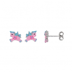 Boucles d'oreilles puces licorne émail rose et turquoise, argent 925/1000 rhodié