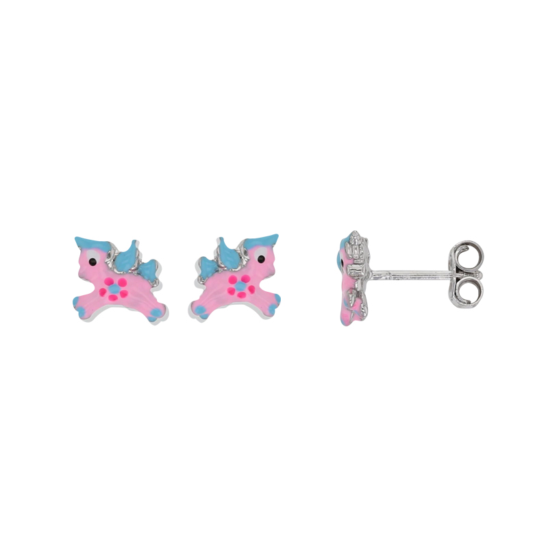 Boucles d'oreilles puces licorne émail rose et turquoise, argent 925/1000 rhodié