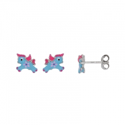 Boucles d'oreilles puces licorne émail turquoise et fuchsia, argent 925/1000 rhodié