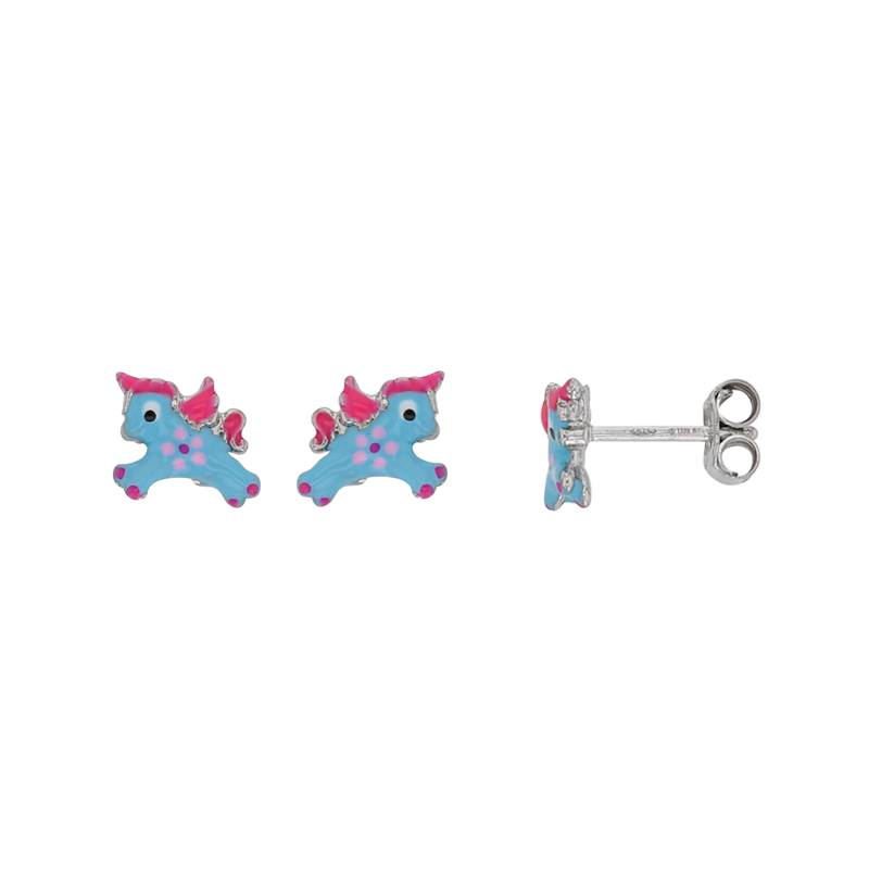 Boucles d'oreilles puces licorne émail turquoise et fuchsia, argent 925/1000 rhodié
