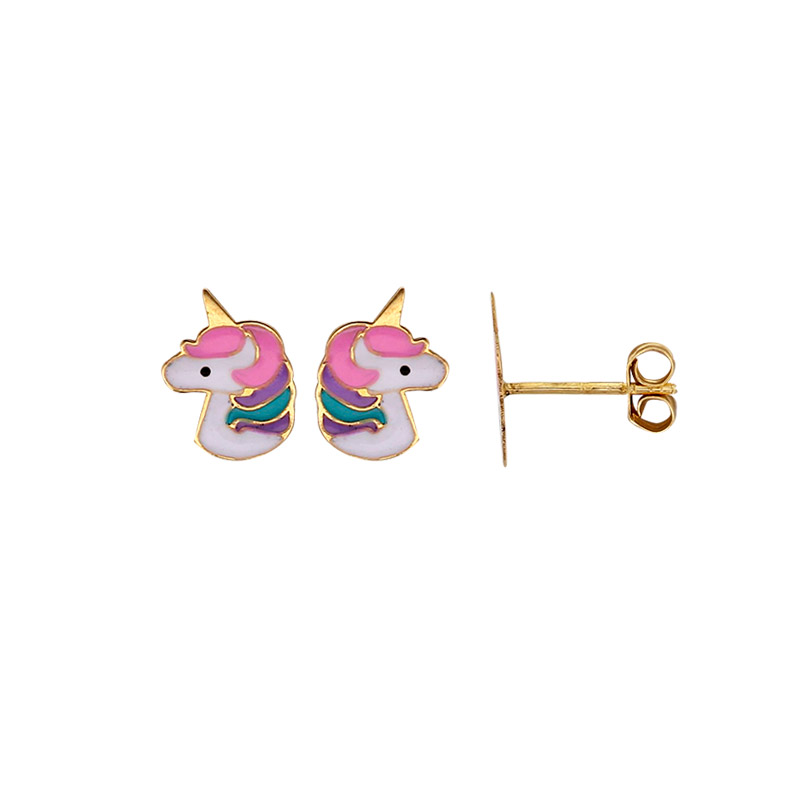 Boucles d'oreilles puces licorne en émail de couleur, Or 750/1000