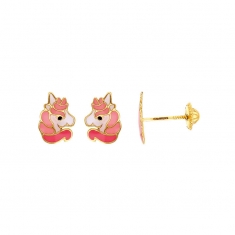 Boucles d'oreilles puces licorne Or 375/1000 et émail rose et fuchsia