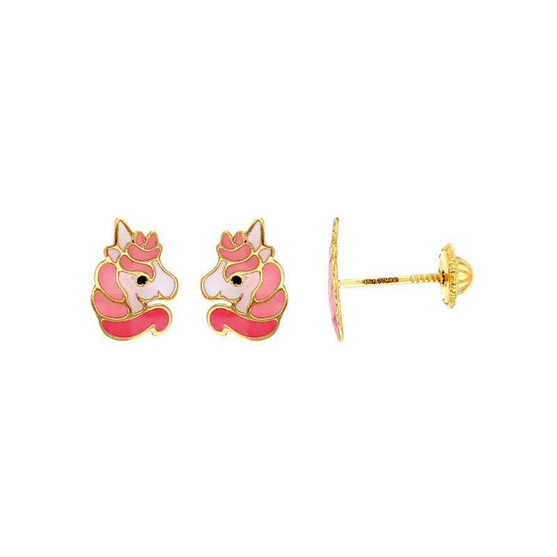 Boucles d'oreilles puces licorne Or 375/1000 et émail rose et fuchsia