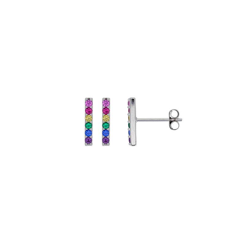 Boucles d'oreilles puces ligne pierres synthétiques de couleurs, argent 925/1000 rhodié