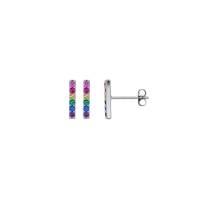 Boucles d'oreilles puces ligne pierres synthétiques de couleurs, argent 925/1000 rhodié