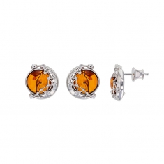 Boucles d'oreilles puces lune argent 925/1000 rhodié et boule en ambre cognac