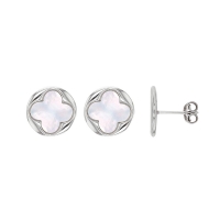 Boucles d'oreilles puces MADRE PERLA en argent 925/1000 rhodié avec trèfle quadrilobé en nacre