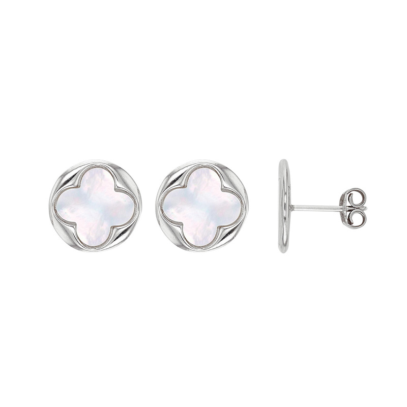 Boucles d'oreilles puces MADRE PERLA en argent 925/1000 rhodié avec trèfle quadrilobé en nacre