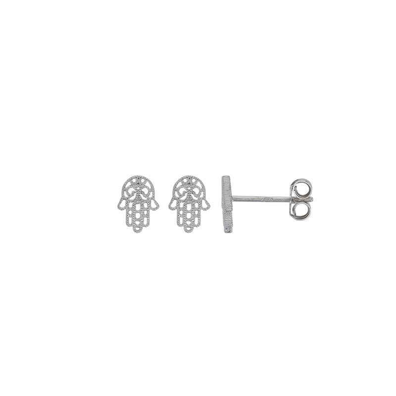 Boucles d'oreilles puces main de Fatma perlée, argent 925/1000 rhodié