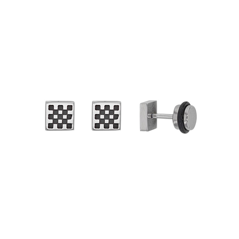 Boucles d'oreilles puces motif damier acier et acier noir