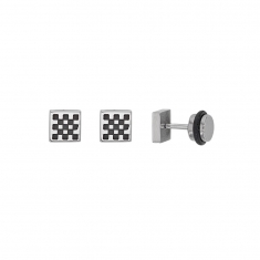Boucles d'oreilles puces motif damier acier et acier noir