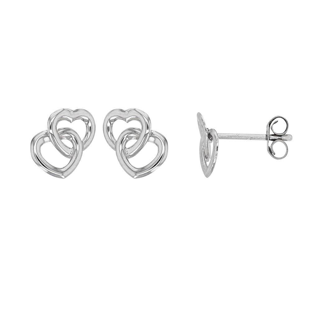 Boucles d'oreilles puces Or blanc 750/1000 motif doubles coeurs